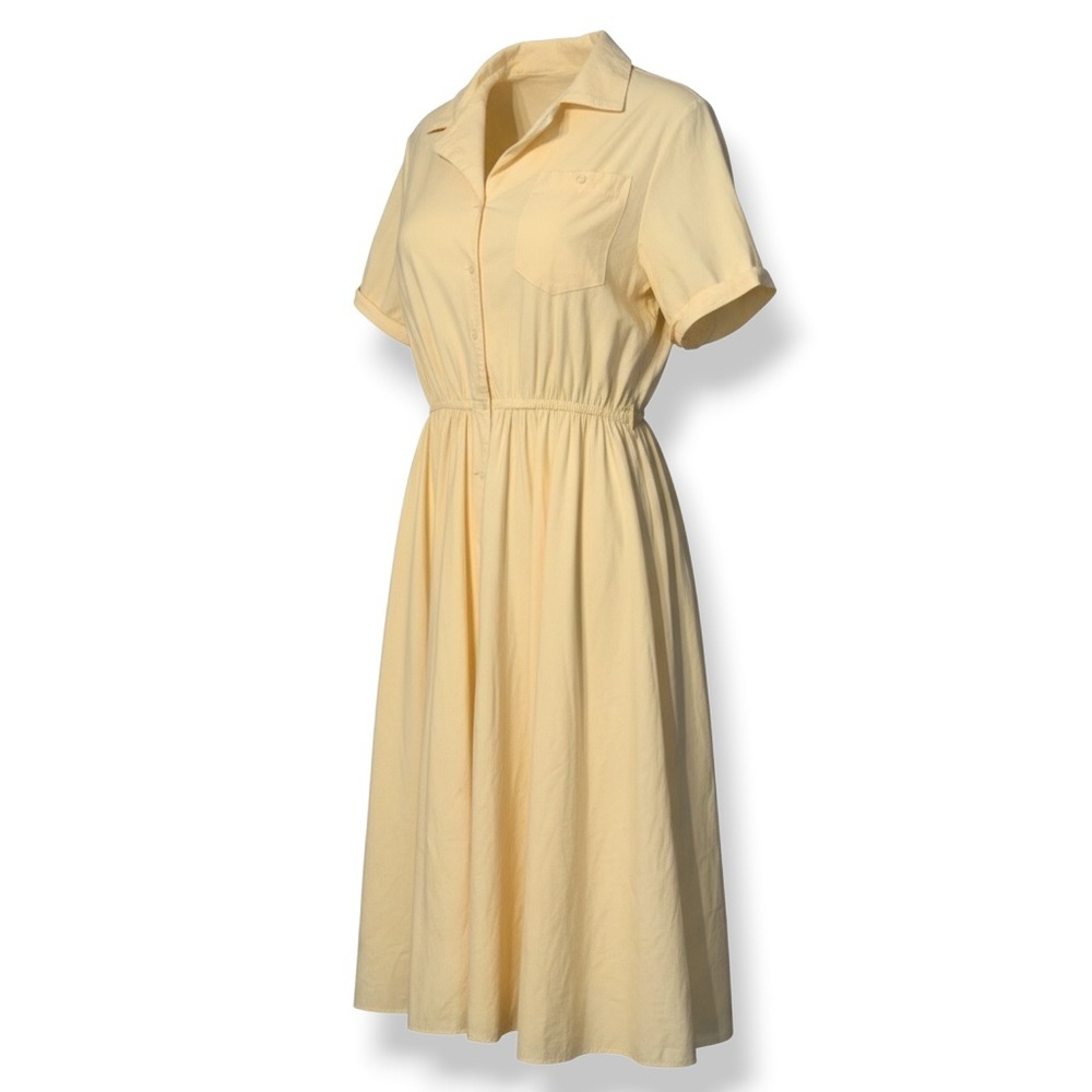 Vintage Two Dee's Cotton Shirt Dress Pale Yellow Collared USA 14
